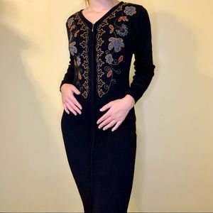 VTG Carole Little Black Wool Embroidered Dress